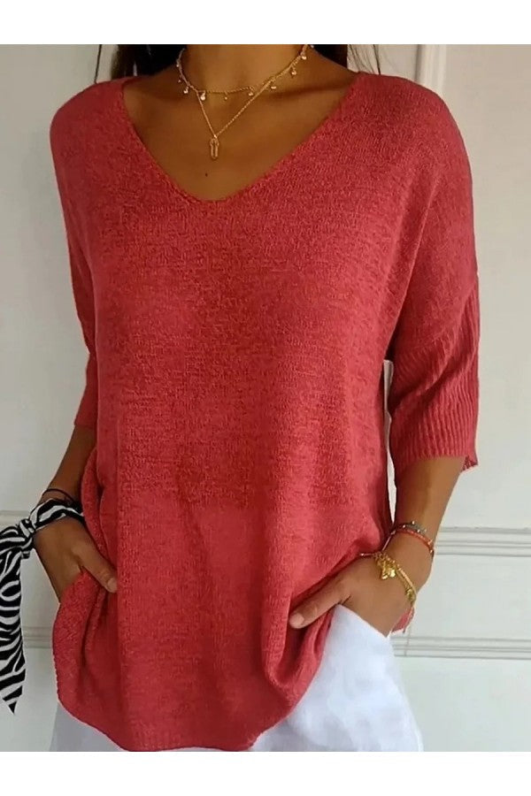 Blouse en maille col en V couleur unie