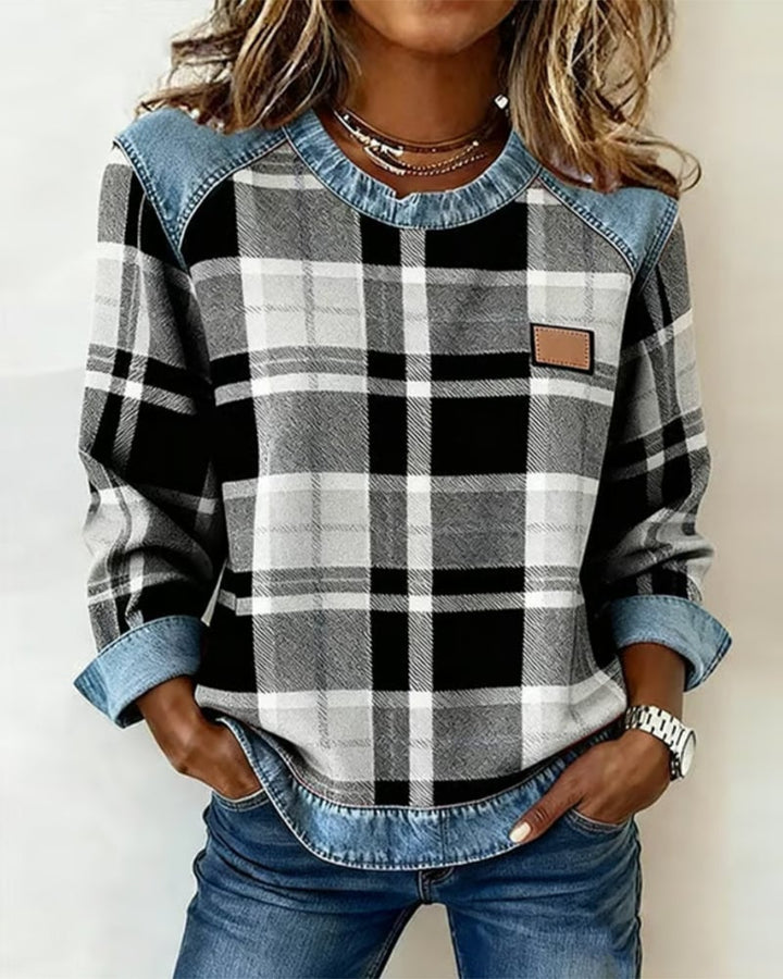 Sweatshirt mode patchwork à carreaux