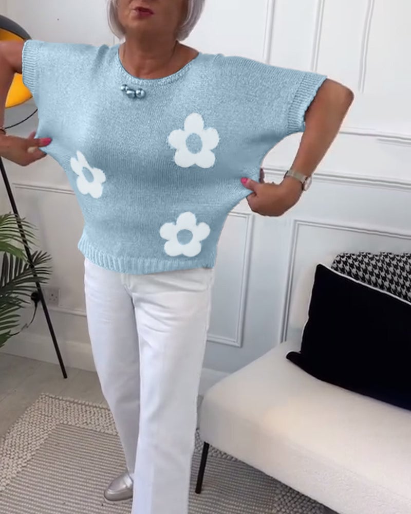 Pull-over ajusté à col rond et imprimés floraux