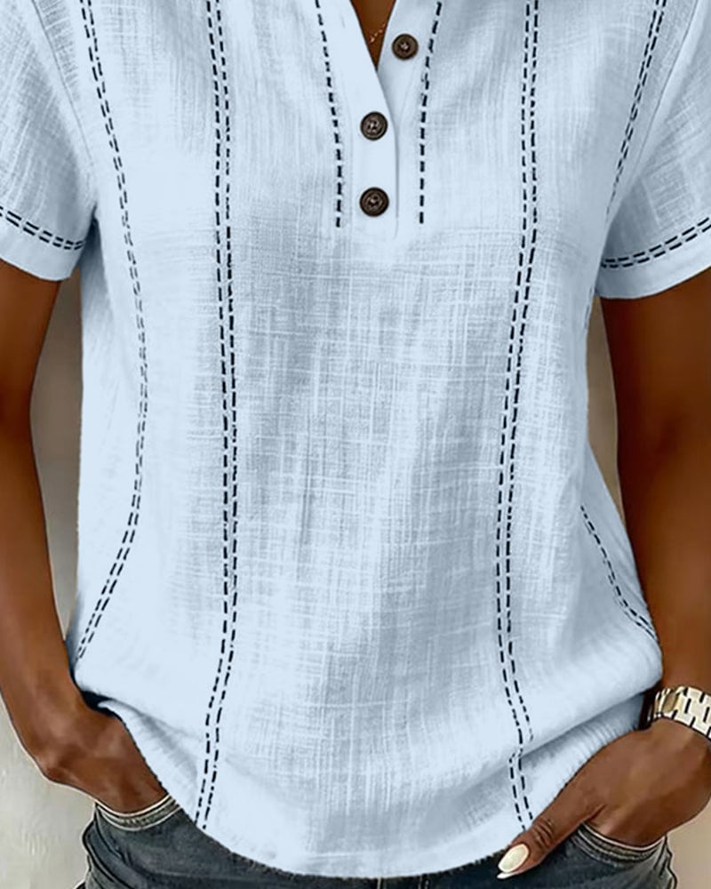 T-shirt à col V à boutons, décontracté et à la mode