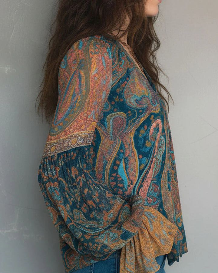Blouse à manches évasées style bohème col en V