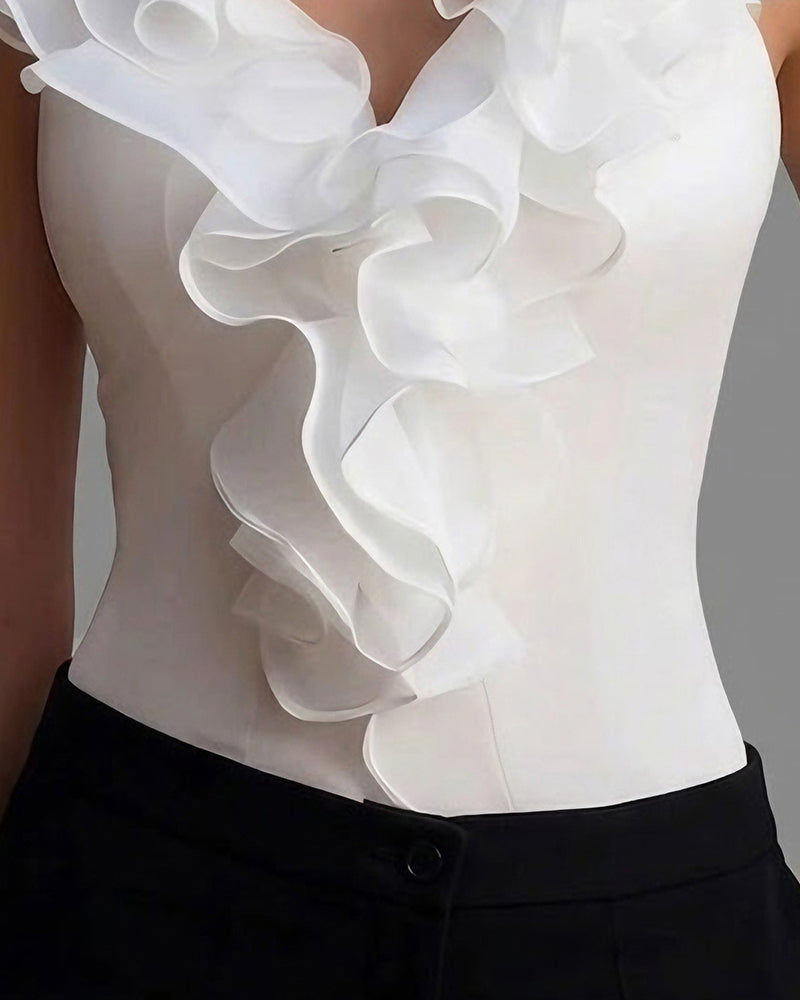 Blouse sans manches col en V avec ourlet Lotus Leaf