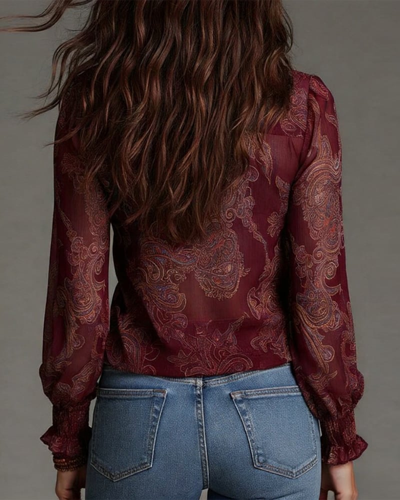 Blouse rétro à volants et demi-fermeture