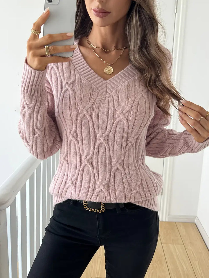 Pull uni en maille torsadée à col V pour femme