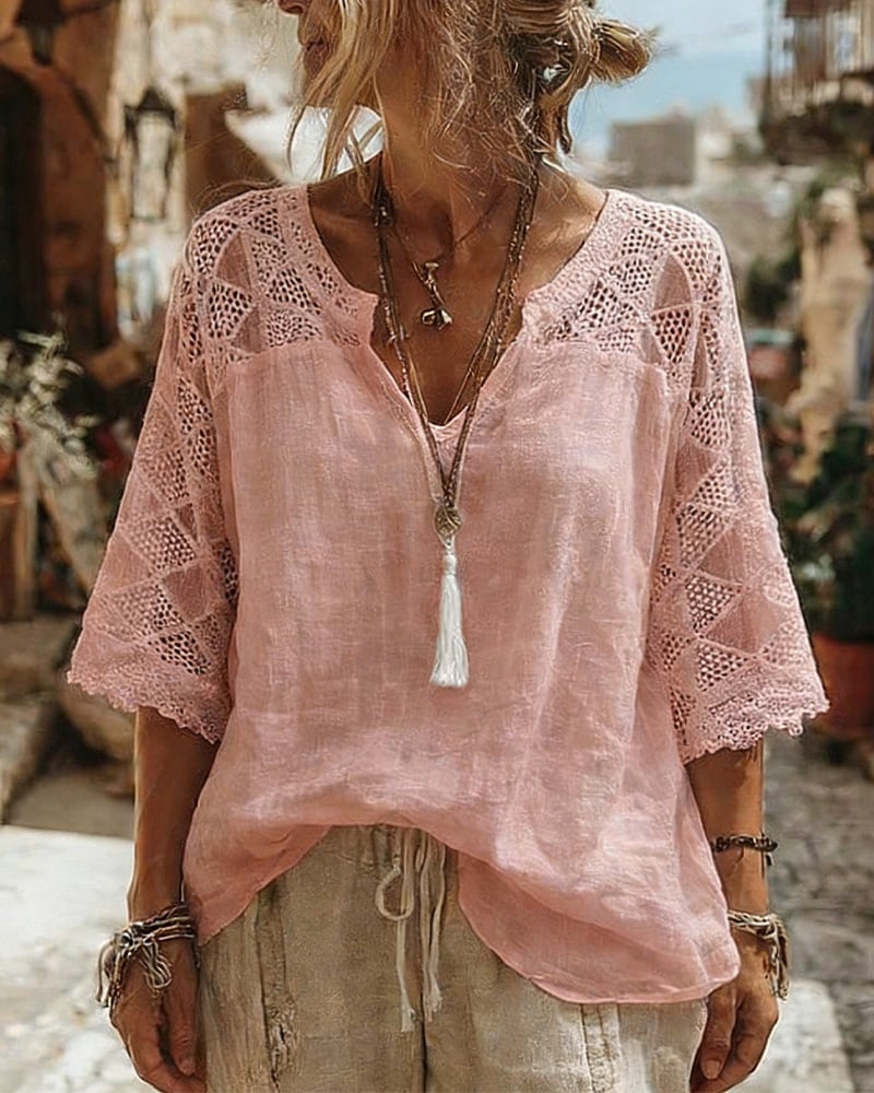 Blouse à col en V avec empiècements de couleur unie