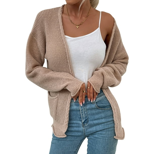 Cardigan tricoté à manches longues ouvert à l'avant avec poches pour femme