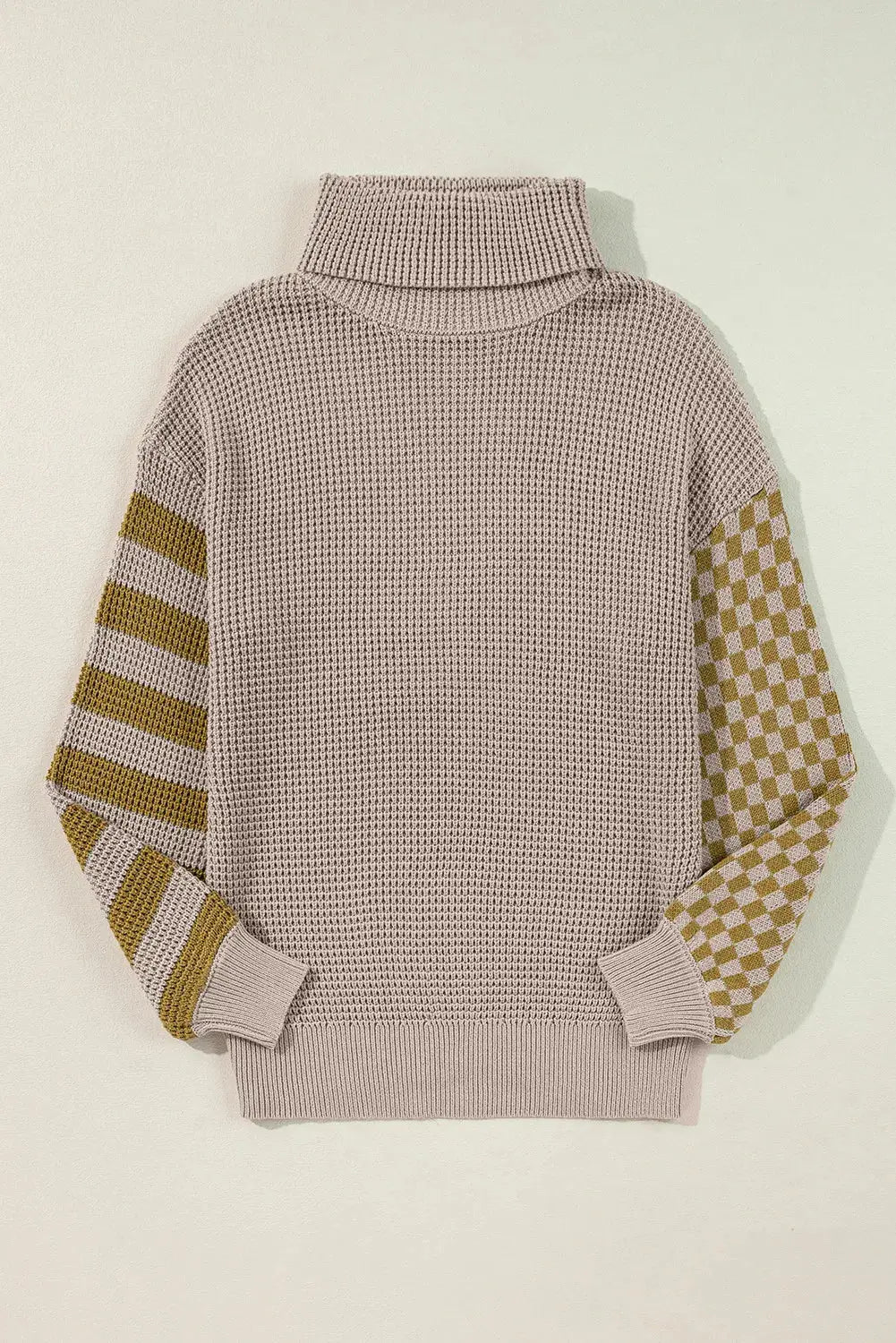 Pull col roulé en tricot gaufré patchwork à rayures et carreaux